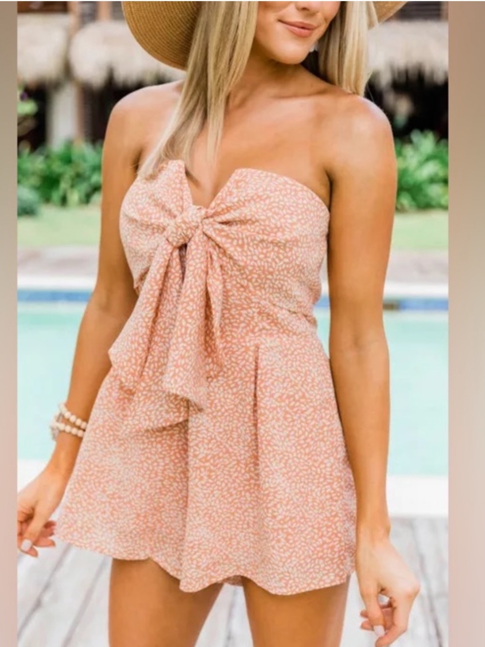 Strapless Bow Front Peach Romper